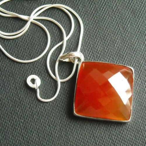 Carnelian pendant necklace, Square pendant, Silver pendant chain