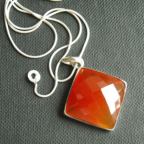 Carnelian pendant necklace, Square pendant, Silver pendant chain