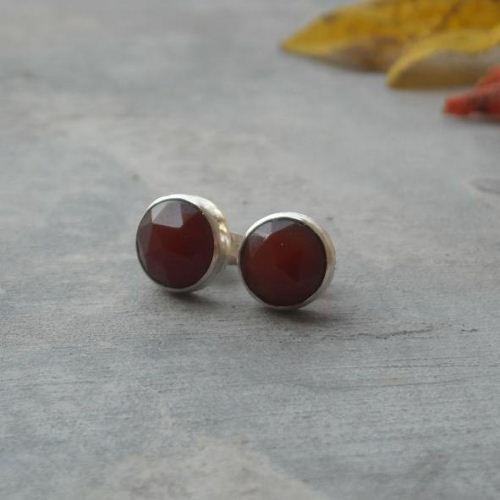 Carnelian stud earrings, 8mm gemstone silver stud, Red ear studs