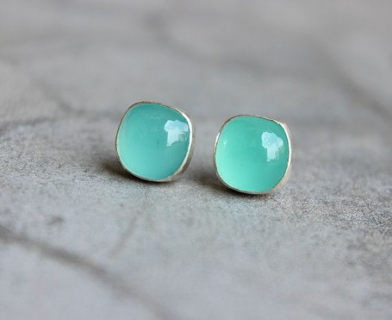 Chalcedony Studs, Aqua stud earrings, Chalcedony silver earrings