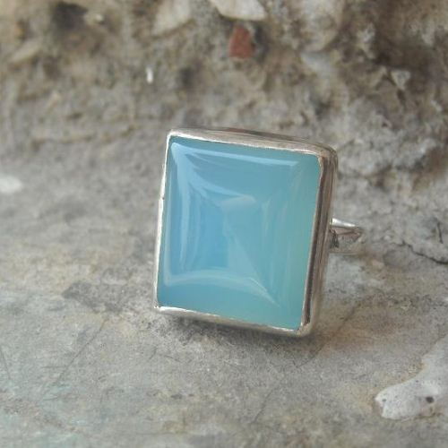 Chalcedony jewelry, Aqua ring, Square shape silver ring