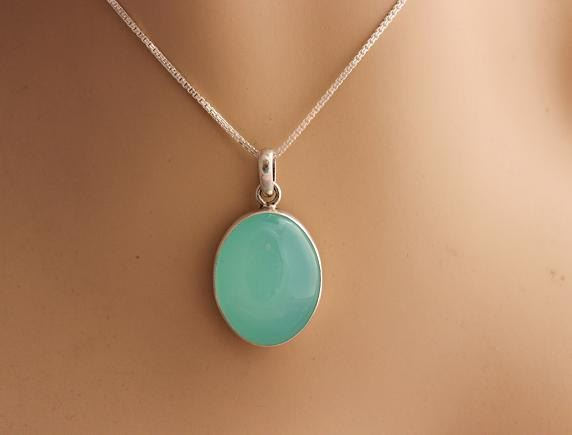 Chalcedony pendant necklace - Oval aqua blue silver pendant chain