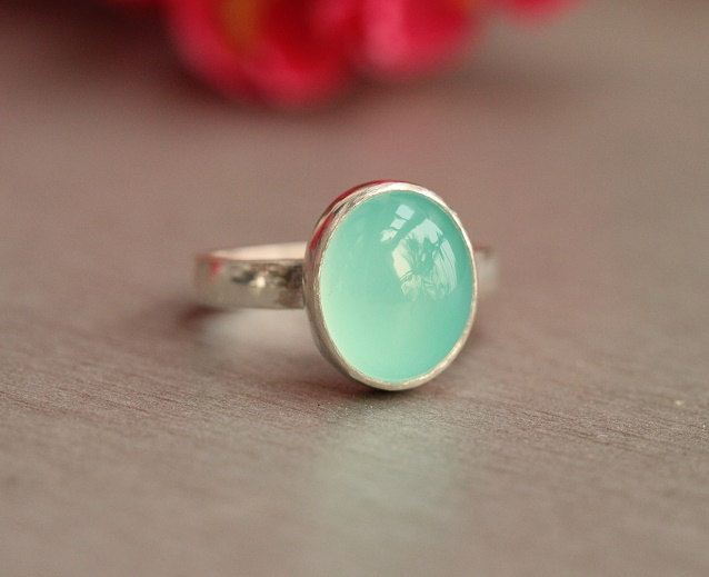 Chalcedony ring, Aqua blue handmade silver ring