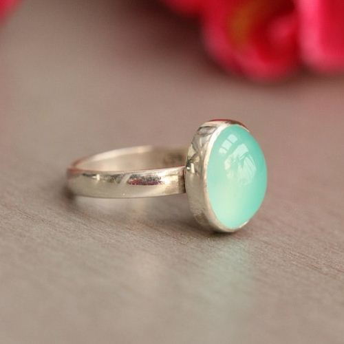 Chalcedony ring, Aqua blue handmade silver ring
