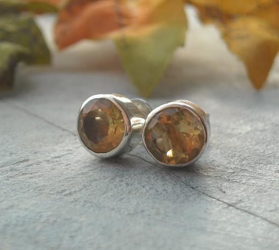 Citrine silver earrings, Stud earrings, November birthstone yellow studs