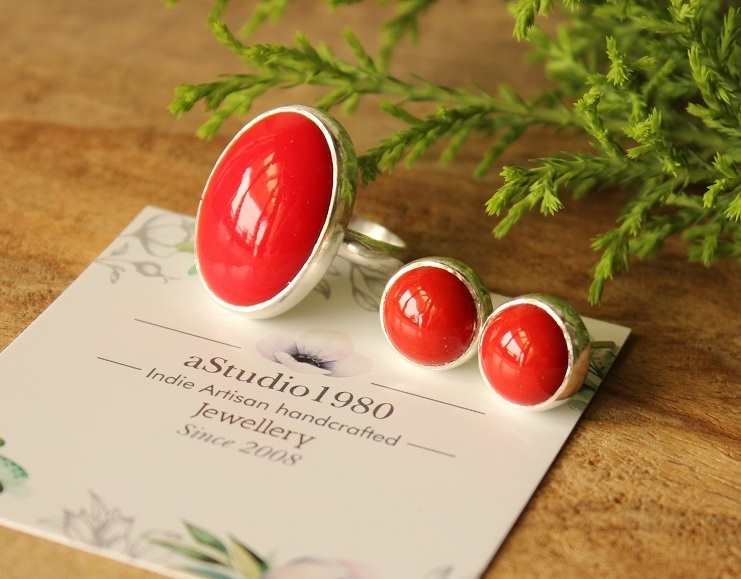  Coral red  jewelry set earring, ring, sterling silver 