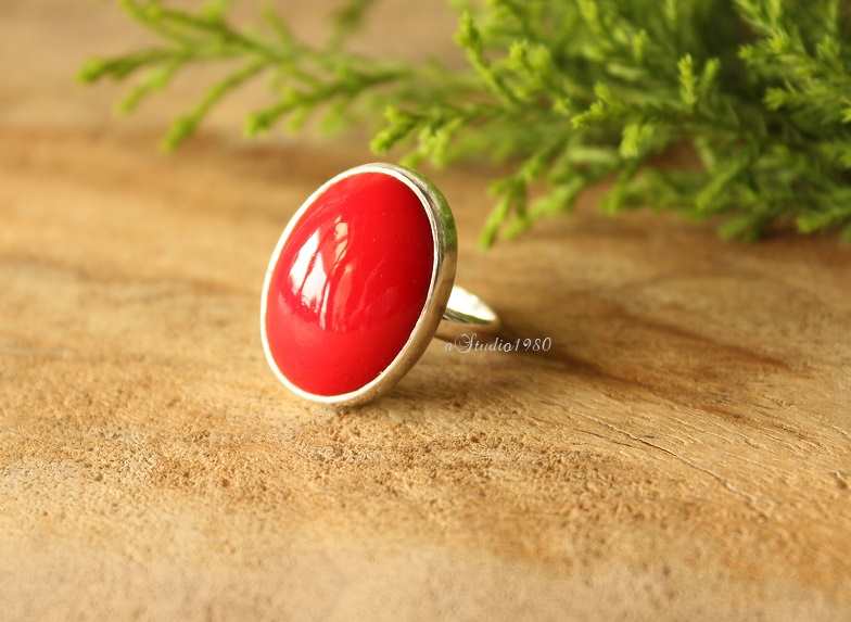  Coral red ring, Oval ring, sterling silver ring