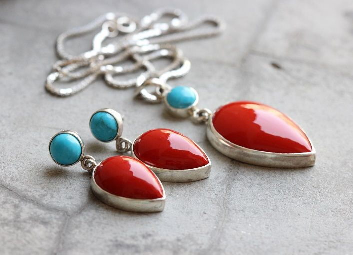Red Coral turquoise silver pendant earrings set, Artisan set
