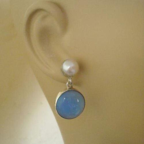 Corn flower blue chalcedony pearl silver earrings, Post earrings