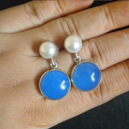 Corn flower blue chalcedony pearl silver earrings, Post earrings