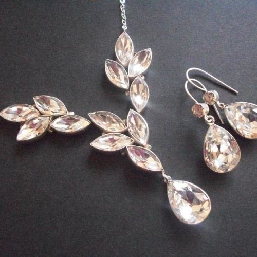 Crystal Necklace and Earrings Set - White Crystal Pendant Necklace