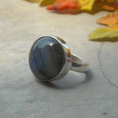 Cushion cut natural labradorite ring, Round blue stone silver ring