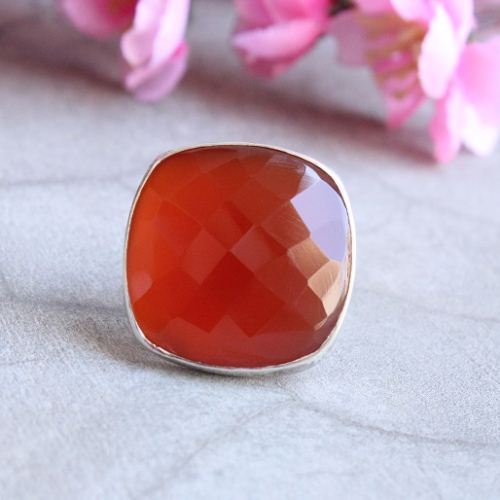 Cushion cut ring, Cushion ring, Carnelian silver jewelry