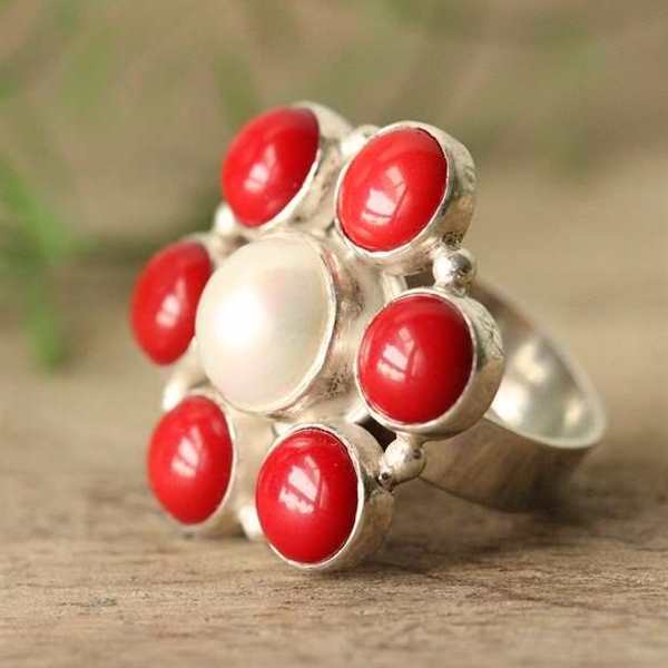 Custom Red coral pearl flower silver earrings ring set