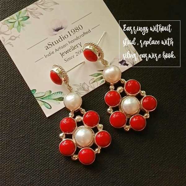 Custom Red coral pearl flower silver earrings ring set