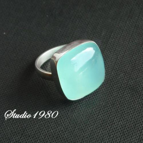 Cute sea green chalcedony ring, Cushion cut gemstone silver ring