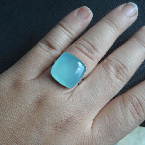 Cute sea green chalcedony ring, Cushion cut gemstone silver ring