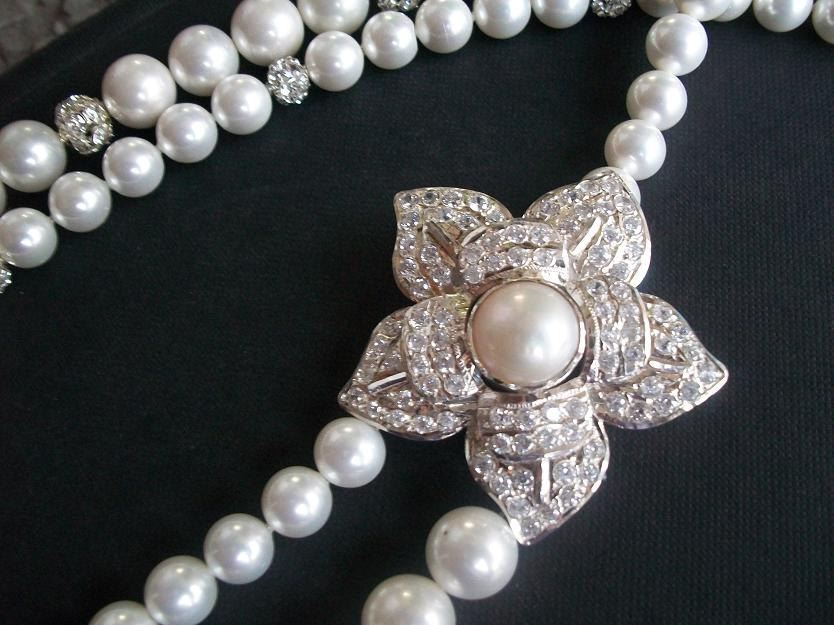 Cz necklace, White pearl silver necklace, Crystal bridal necklace