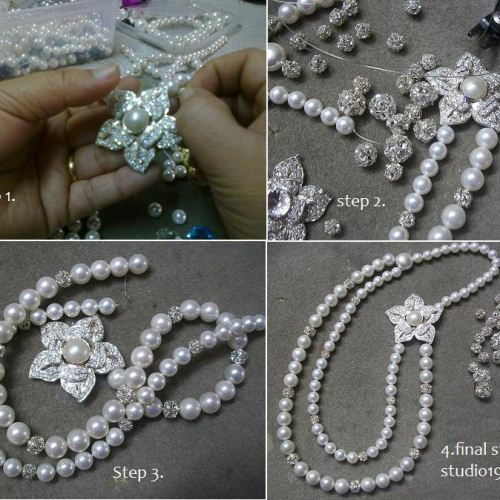 Cz necklace, White pearl silver necklace, Crystal bridal necklace