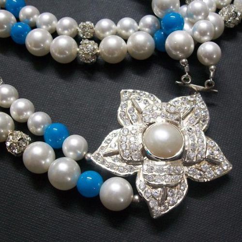 Cz necklace, White pearl silver necklace, Crystal bridal necklace