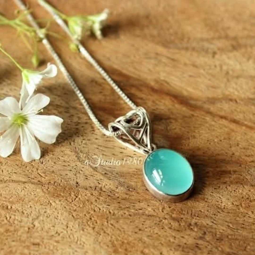 Dainty aqua Chalcedony pendant- handmade - artisan - silver