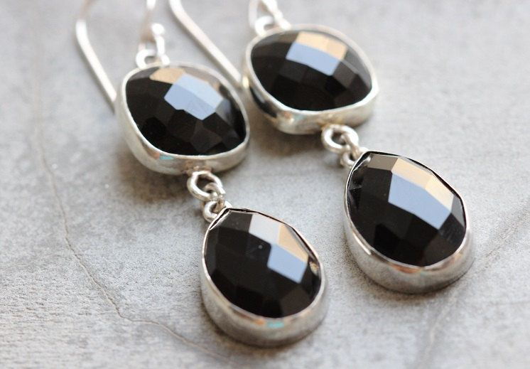 Dangler earrings, Black onyx silver earrings, Cushion drop earrings