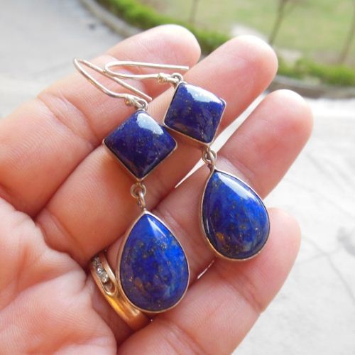 Dangler earrings, Lapis lazuli earrings, Blue silver earrings