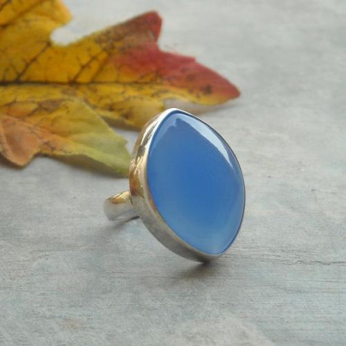 Dark blue chalcedony ring, Marquise shaped artisan silver ring