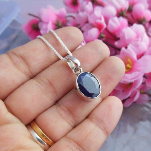 Dark blue sapphire pendant necklace, Silver oval pendant