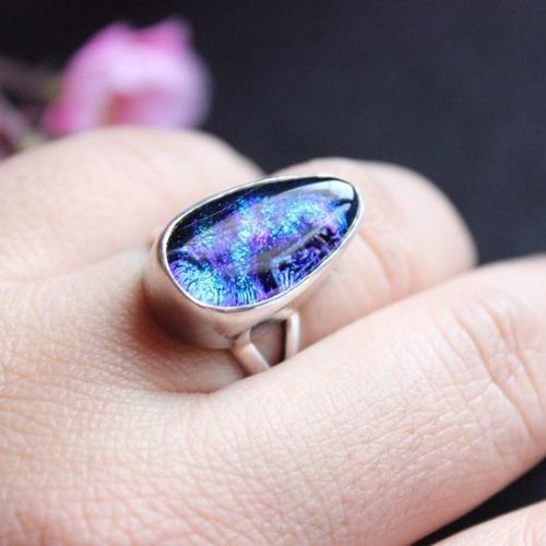 Dichoric glass ring, Artisan Ring, Silver drop ring, Blue ring