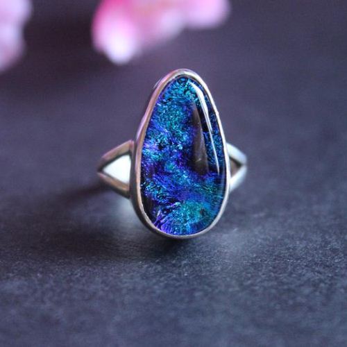 Dichoric glass ring, Artisan Ring, Silver drop ring, Blue ring