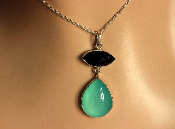 Dual gemstone pendant - Chalcedony smoky quartz silver pendant