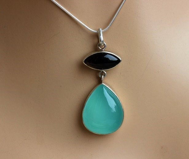 Dual gemstone pendant - Chalcedony smoky quartz silver pendant