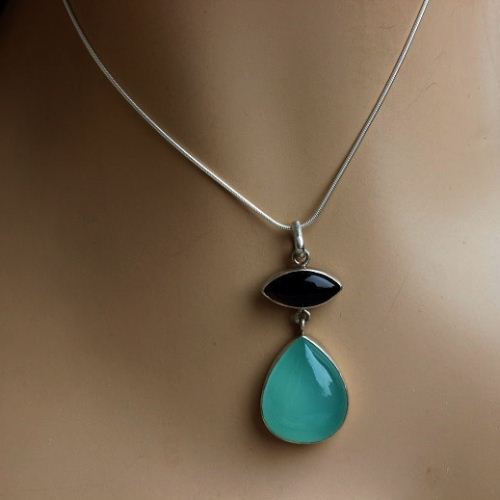Dual gemstone pendant - Chalcedony smoky quartz silver pendant