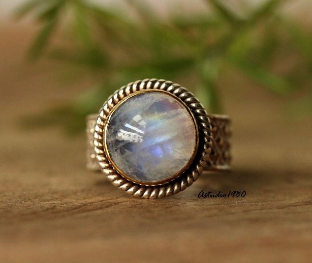 Dual tone 18k Gold Silver ring, Rainbow Moonstone HANDMADE ring
