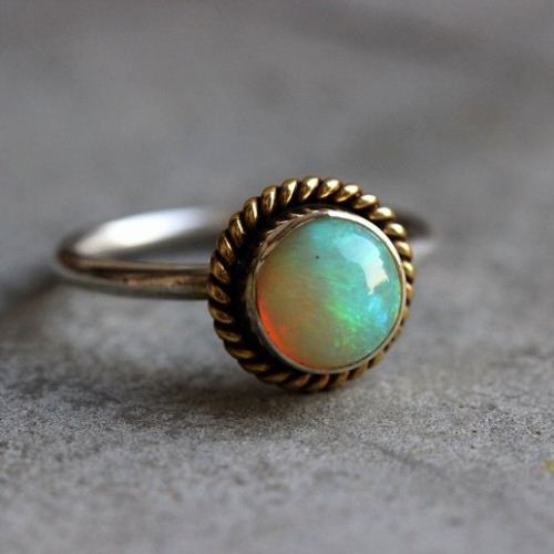 Dual tone 18k gold silver ring, Natural Genuine Opal Ring