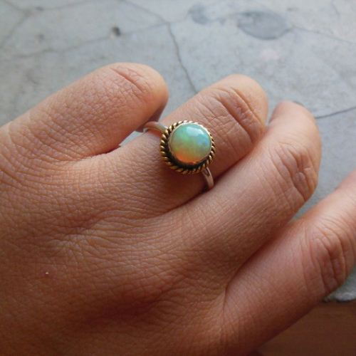 Dual tone 18k gold silver ring, Natural Genuine Opal Ring