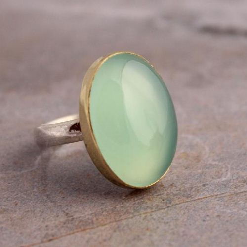 Dual tone ring, Gold silver Ring, Sea foam green chalcedony ring