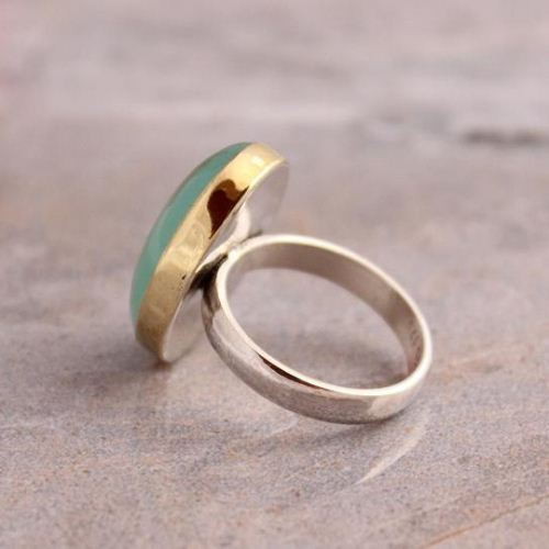 Dual tone ring, Gold silver Ring, Sea foam green chalcedony ring