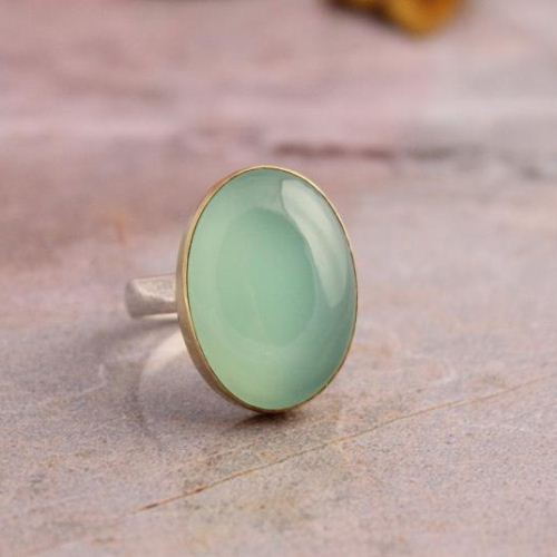Dual tone ring, Gold silver Ring, Sea foam green chalcedony ring