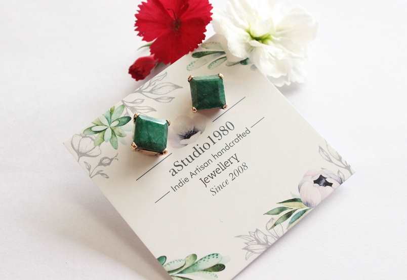 Emerald earrings,14K gold Gemstone stud handmade earrings