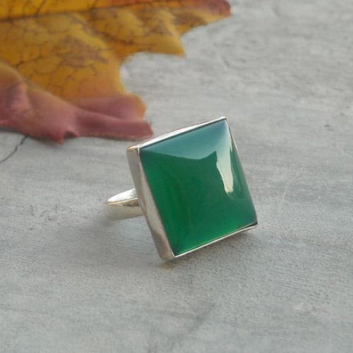 Emerald green ring, Square gemstone green chalcedony silver ring