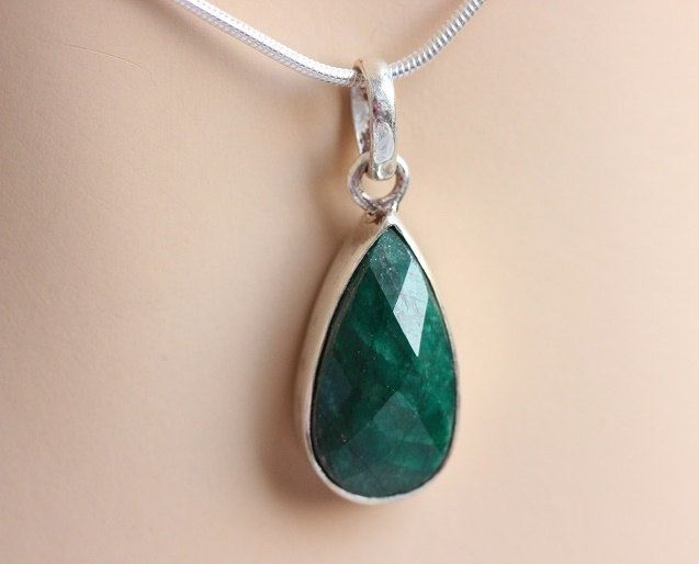 Emerald pendant necklace, Tear drop pendant, Green silver pendant