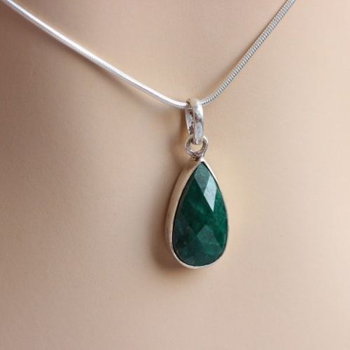 Emerald pendant necklace, Tear drop pendant, Green silver pendant
