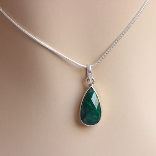 Emerald pendant necklace, Tear drop pendant, Green silver pendant