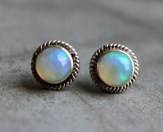 Opal silver Earrings, Opal stud earrings, Genuine opal earrings