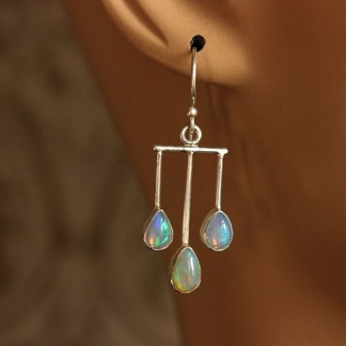 Genuine opal earrings, Artisan opal silver dangler earrings