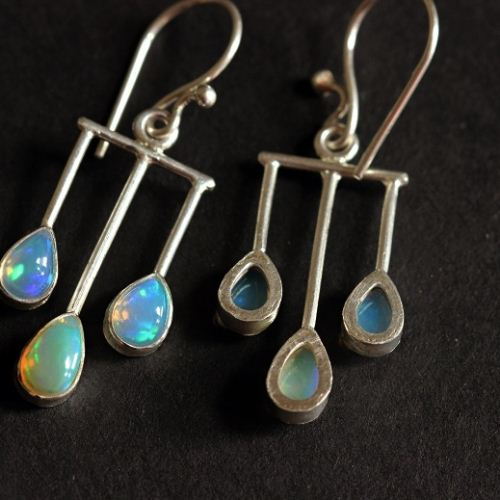 Genuine opal earrings, Artisan opal silver dangler earrings