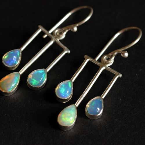 Genuine opal earrings, Artisan opal silver dangler earrings
