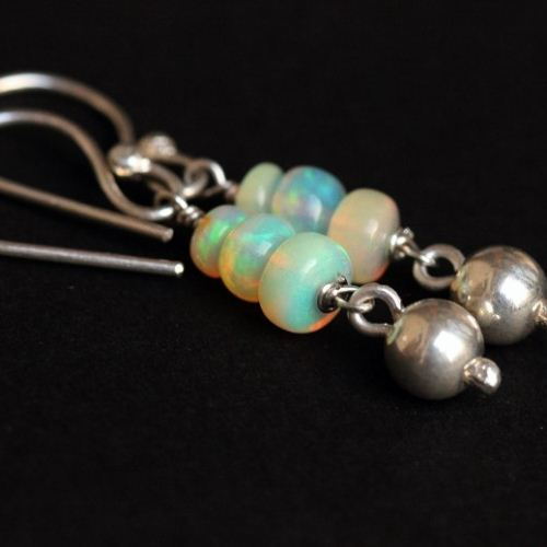 Genuine opal earrings, Handmade opal bead silver dangle earrings